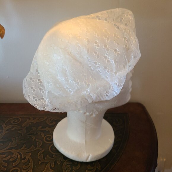 Vintage Sleep Cap Bonnet White Sheer Eyelet Lace Hair Cover Curler Protector - Picture 4 of 7